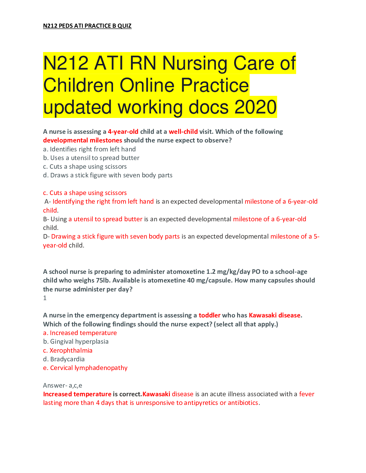 N212 ATI RN Nursing Care of Children Online Practice updated working docs 2020
